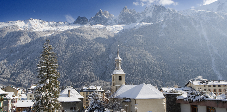 View of the city of Chamonix with the Alps in the background